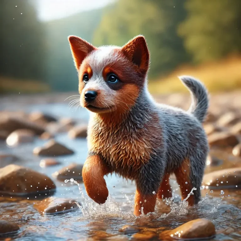 A realistic Red Australian Cattle Dog puppy playing in a shallow creek