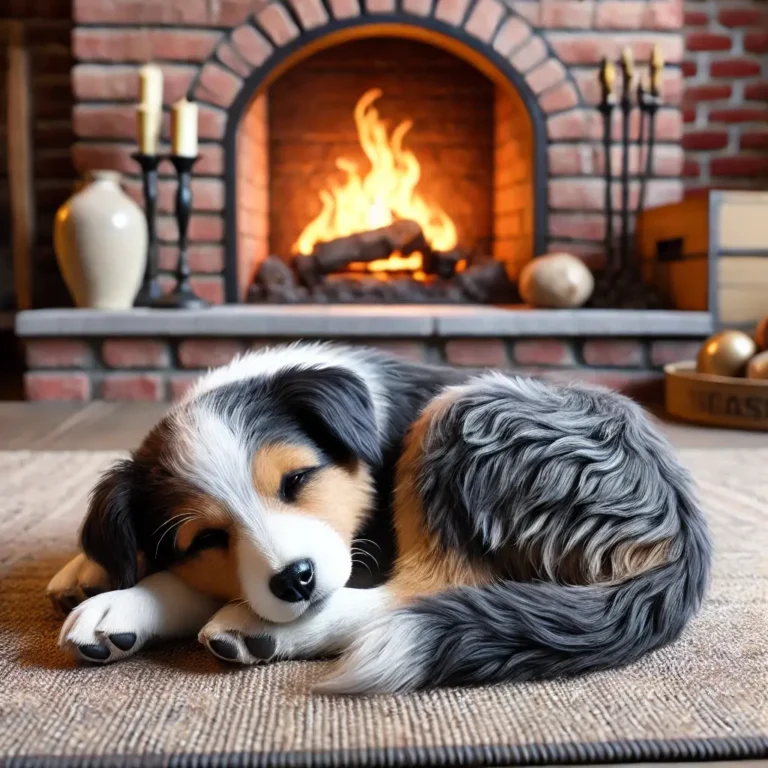 A realistic Border Collie Australian Cattle Dog mix puppy curled up near a cozy fireplace