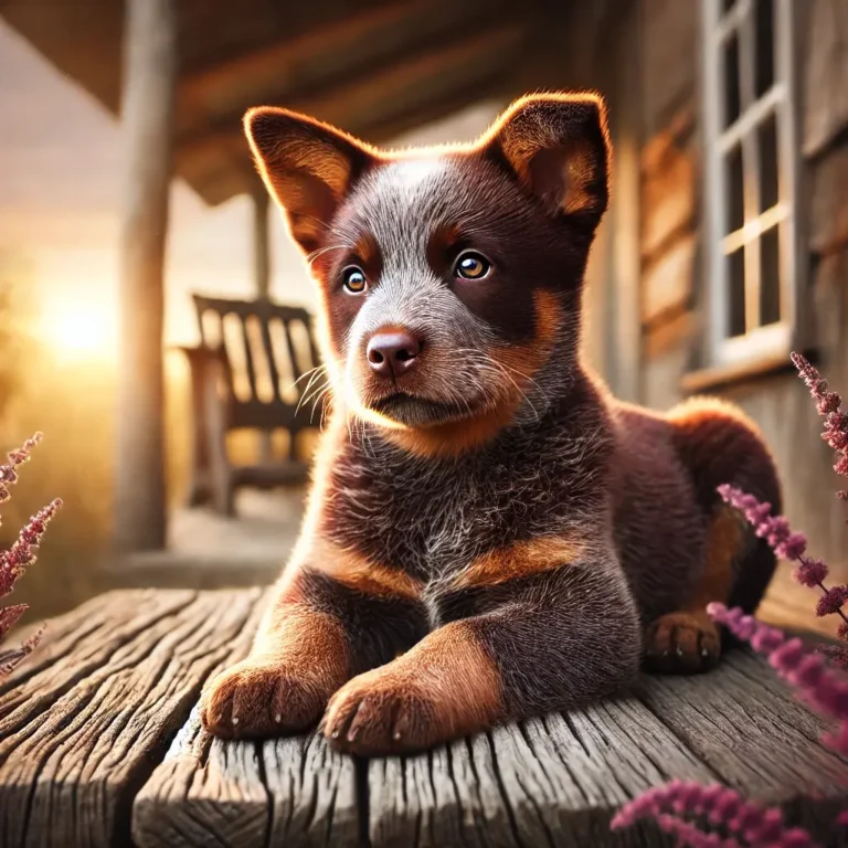A realistic Australian Cattle Dog Chocolate puppy sitting on a rustic wooden porch