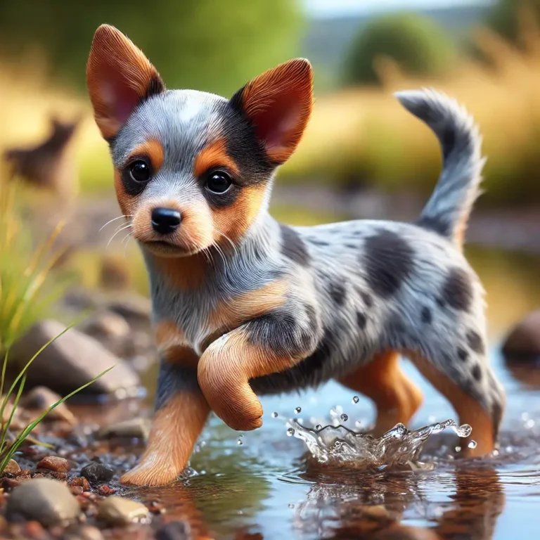 A realistic Australian Cattle Dog Chihuahua mix puppy playing near a small creek
