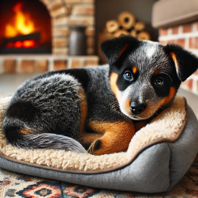 A realistic Australian Cattle Dog Black Lab mix puppy curled up on a cozy dog bed near a fireplace