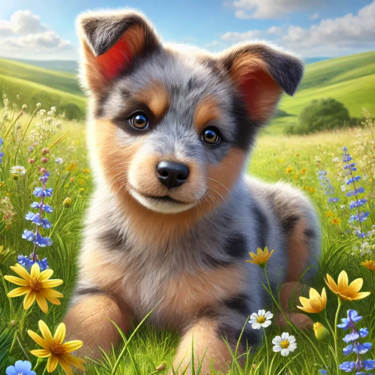 A realistic Australian Cattle Dog and Aussie mix puppy playing in a sunlit meadow