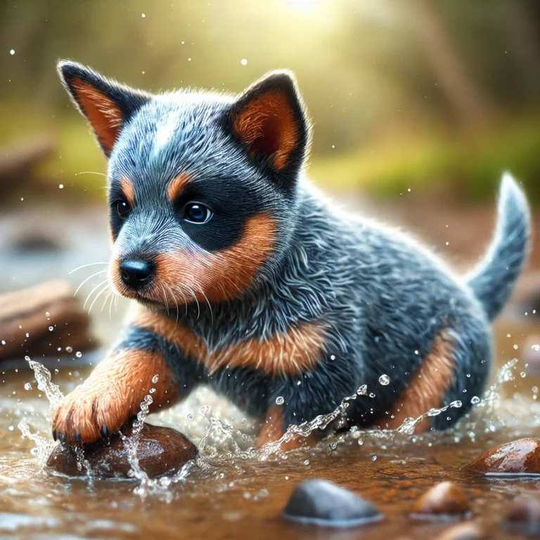 A realistic Australian Cattle Dog Blue Heeler puppy playing in a shallow creek