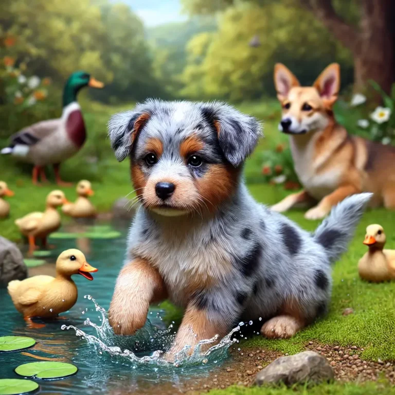 A realistic Australian Cattle Dog and Aussie mix puppy playing near a small pond