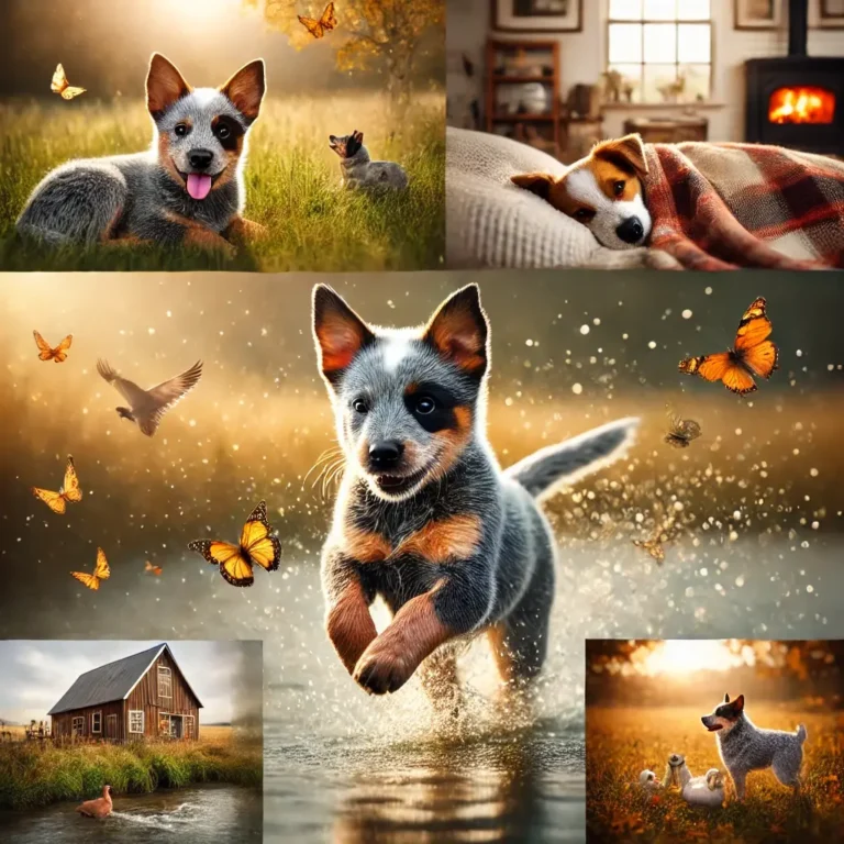 A playful Australian Cattle Dog Heeler puppy running through a sunlit grassy meadow