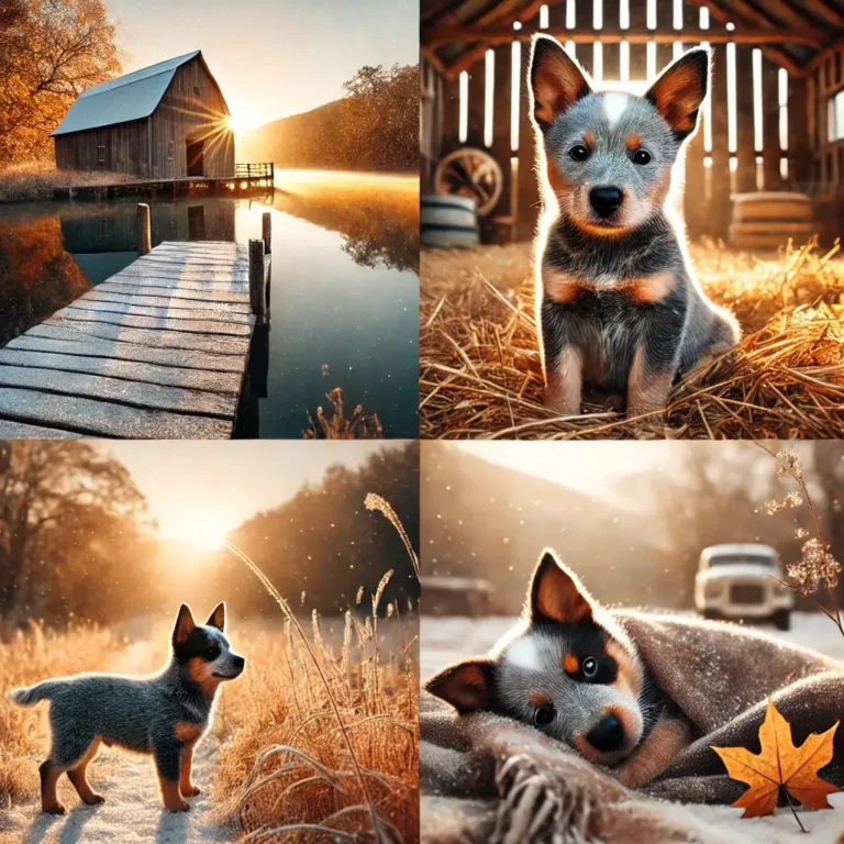 An Australian Cattle Dog puppy standing on a wooden dock overlooking a calm lake at sunrise