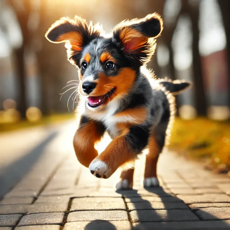 An Australian Shepherd Weiner Dog mix puppy running through a sunlit park