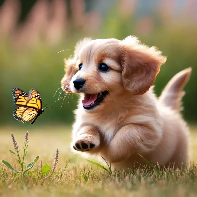 A fluffy Wiener Dog puppy running through a grassy field, its soft fur bouncing as it joyfully chases a butterfly