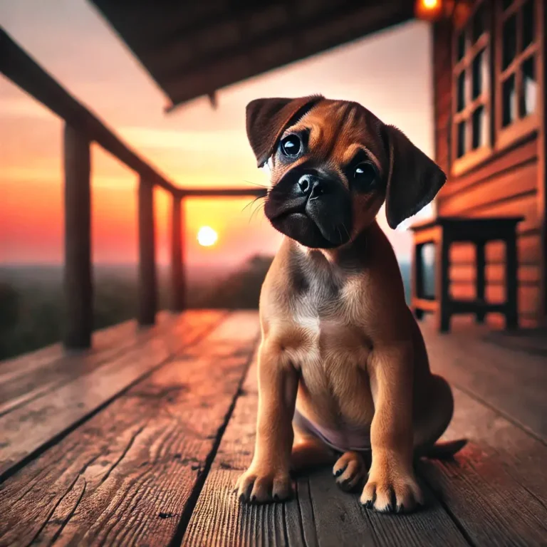 A Boxer mix Pug puppy sitting on a wooden porch