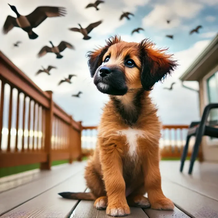 A Boxer mix Poodle puppy sitting on a wooden deck