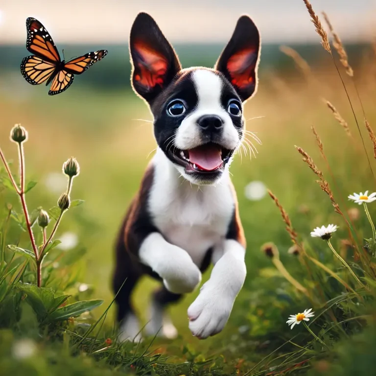 A Boston Terrier Boxer mix puppy running joyfully through a grassy field