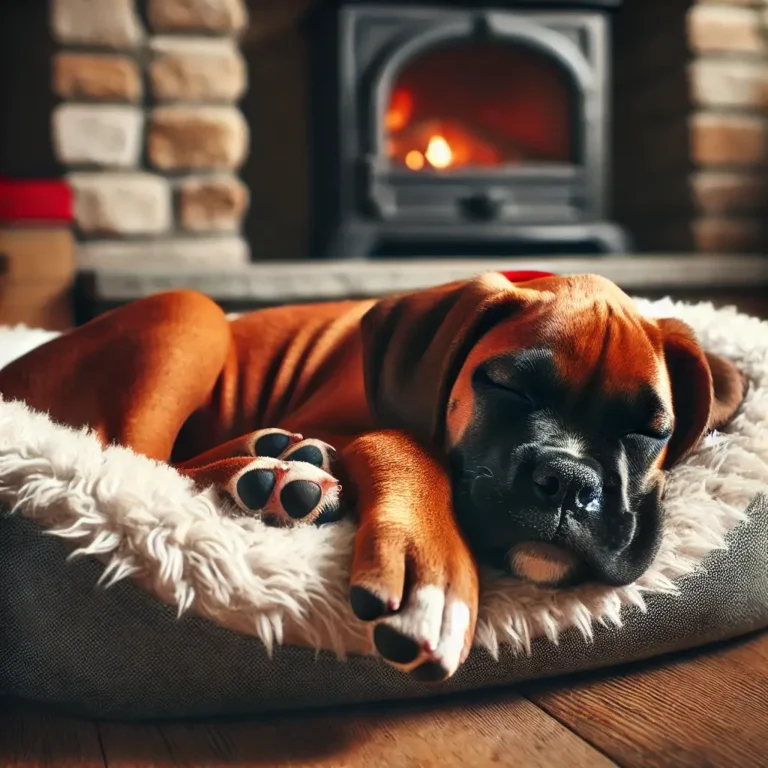 A Boxer mix Cane Corso puppy curled up in a fluffy dog bed near a fireplace