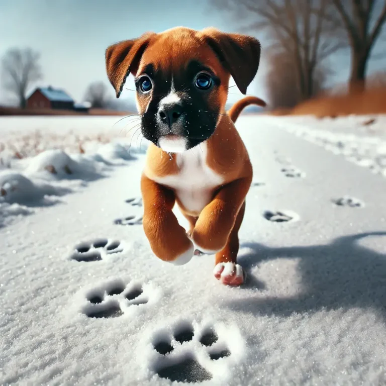 A Boxer Husky mix puppy running through a snowy field