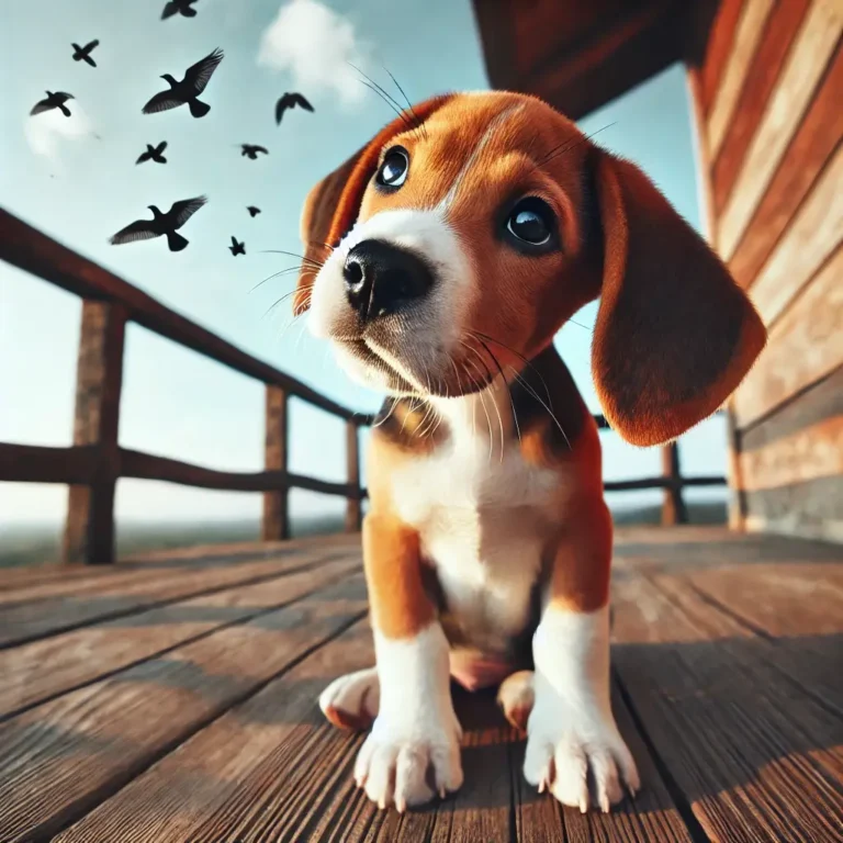 A Beagle Boxer mix puppy sitting on a wooden porch