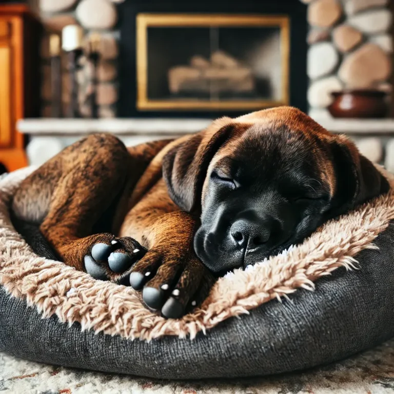 A Cane Corso Mastiff Boxer mix puppy curled up in a fluffy dog bed near a fireplace