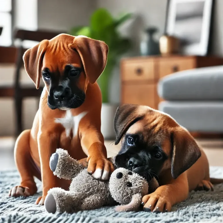 A Boxer and English Mastiff mix puppy playing with a plush toy on a stylish rug in a modern home