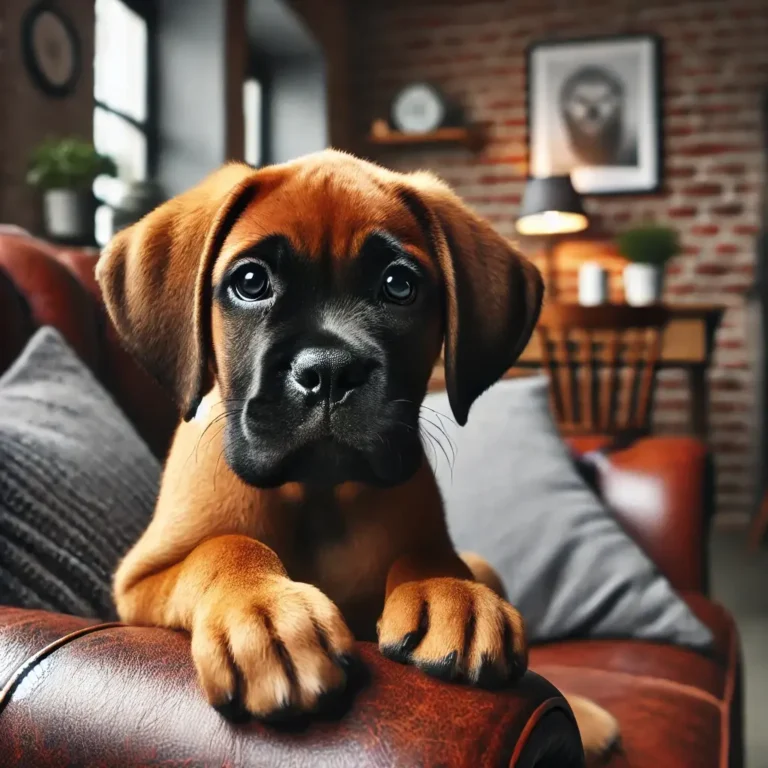 A Mastiff Boxer mix puppy sitting comfortably on a leather couch in a cozy living room