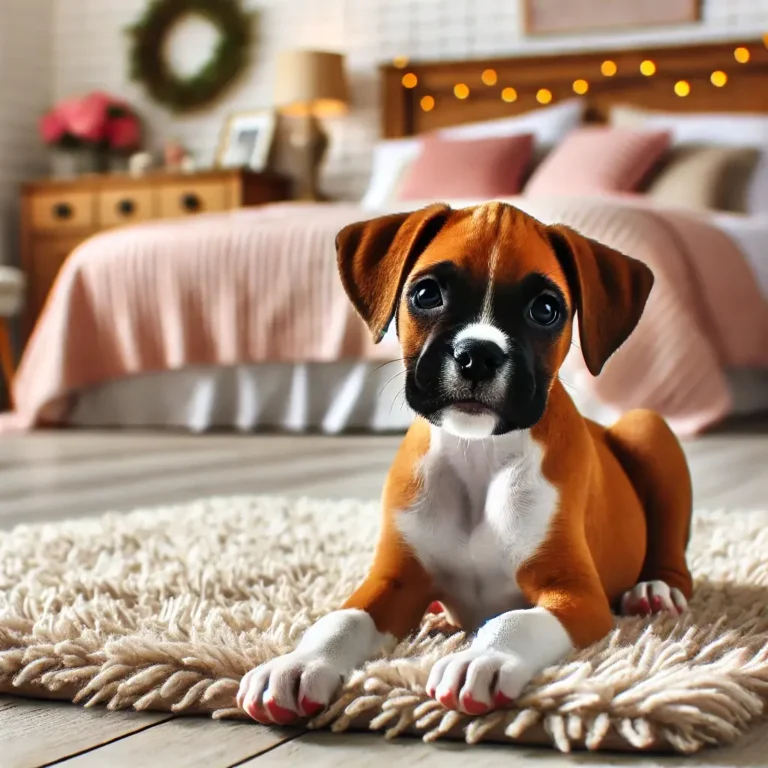 A Boxer Chihuahua mix puppy resting on a soft rug in a beautifully decorated bedroom