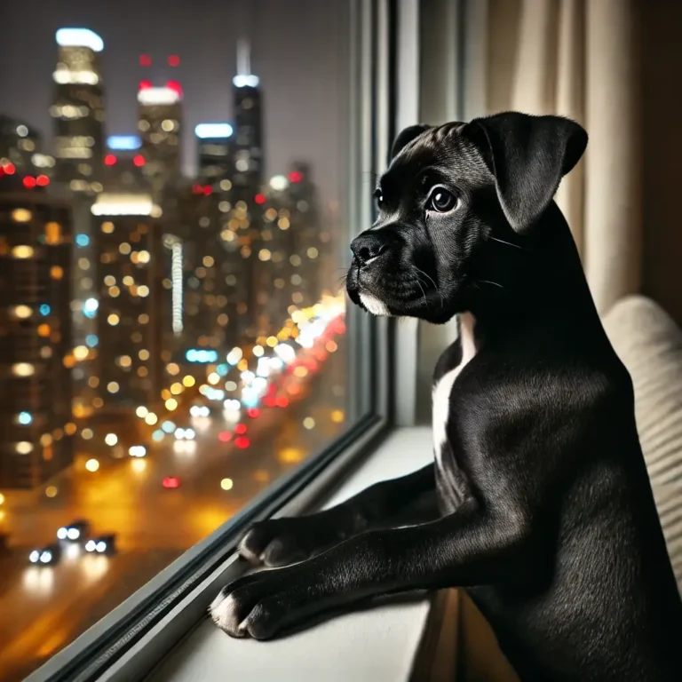 A black Boxer Pit mix puppy looking out of a large window in a high-rise apartment