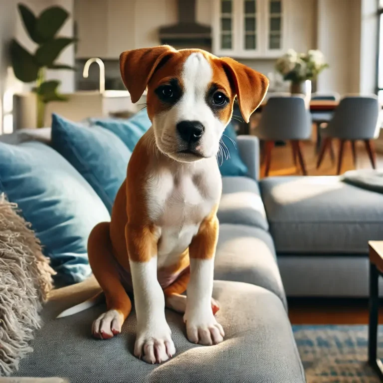An American Pit Boxer mix puppy sitting on a soft couch in a modern living room