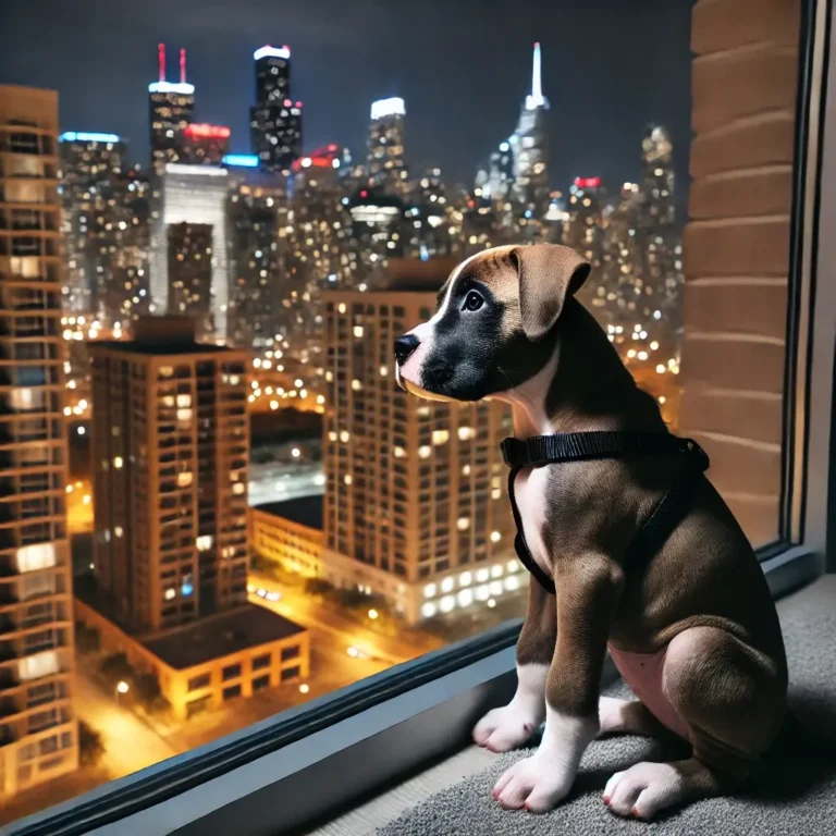 A Pit Boxer Lab mix puppy looking out of a large window in a high-rise apartment