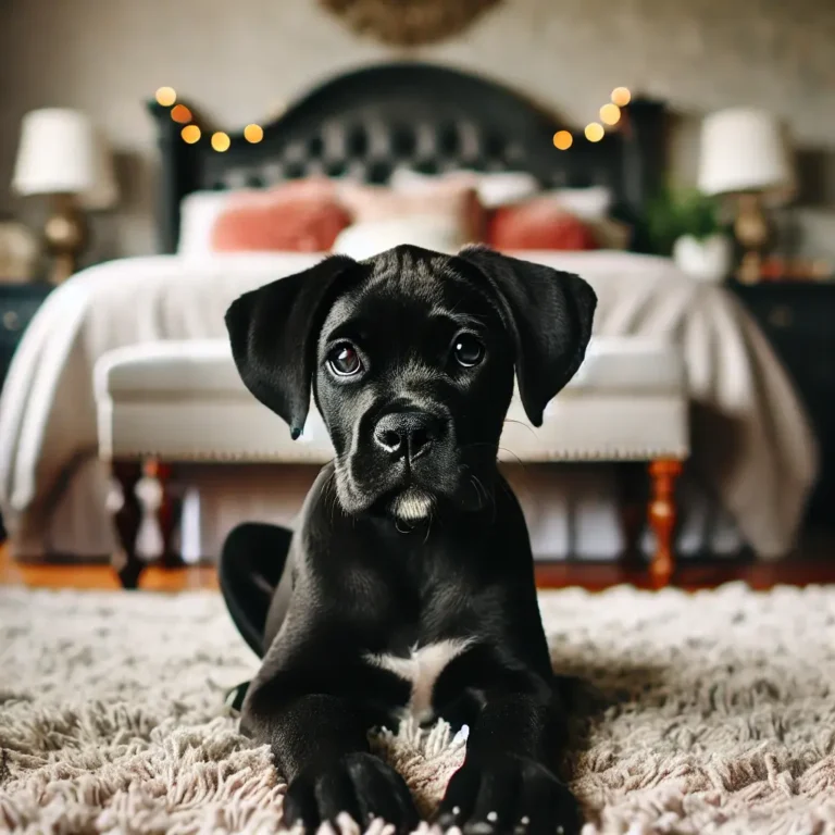 A black Boxer Lab mix puppy resting on a soft rug in a beautifully decorated bedroom