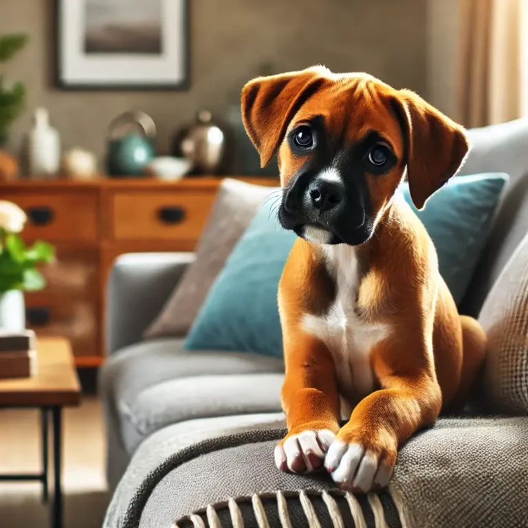 A Boxer Lab mix puppy sitting on a cozy couch in a modern living room