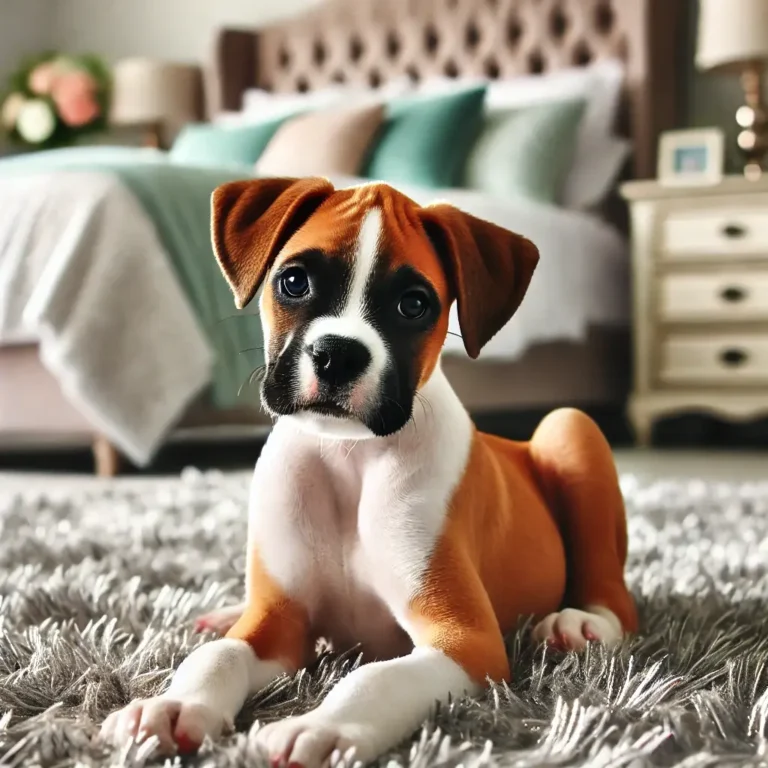 A Boxer Pit Terrier mix puppy resting on a soft rug in a beautifully decorated bedroom