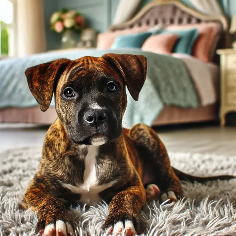 A brindle Pitbull Boxer mix puppy resting on a soft rug in a beautifully decorated bedroom