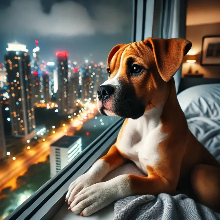 A Pitbull Boxer mix puppy looking out of a large window in a high-rise apartment