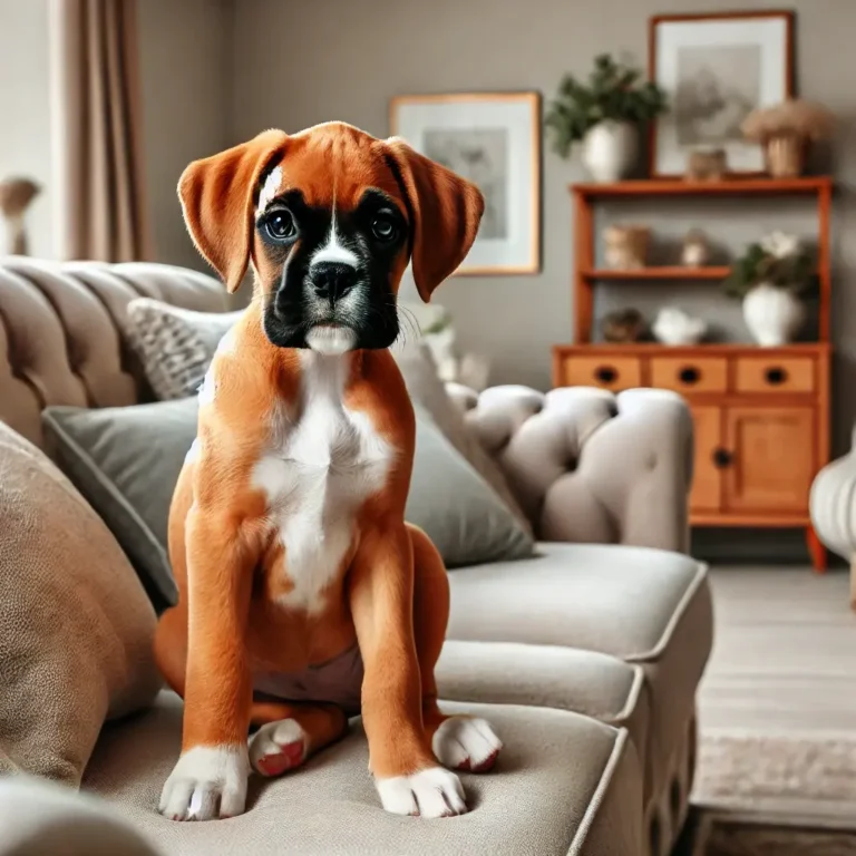 A Golden Boxer dog puppy sitting on a cozy couch in a stylish living room
