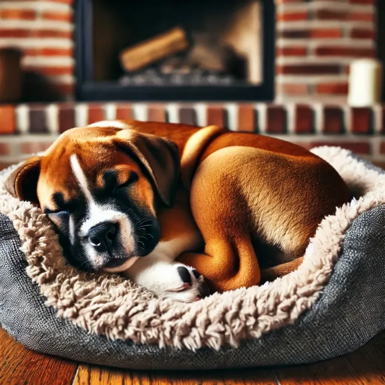 An American Bulldog Boxer mix puppy curled up in a fluffy dog bed near a fireplace