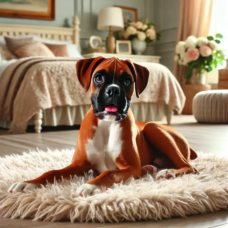 An American Boxer dog puppy resting on a soft rug in a beautifully decorated bedroom