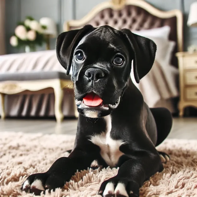 A black Boxer dog puppy resting on a soft rug in a beautifully decorated bedroom