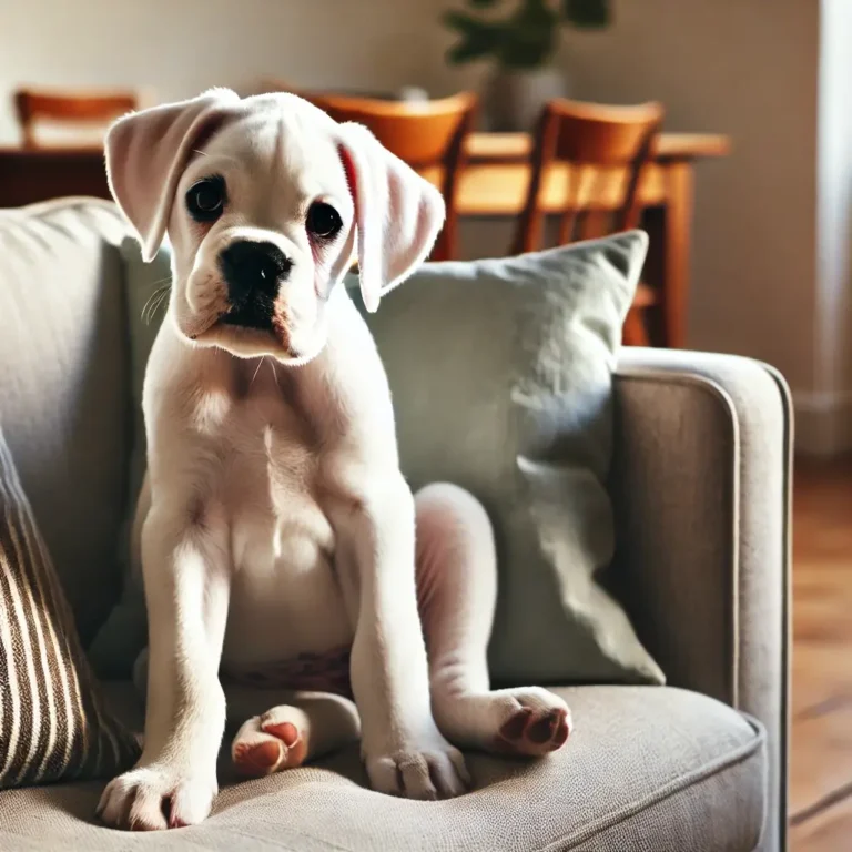 A white Boxer dog puppy sitting on a cozy couch in a modern living room