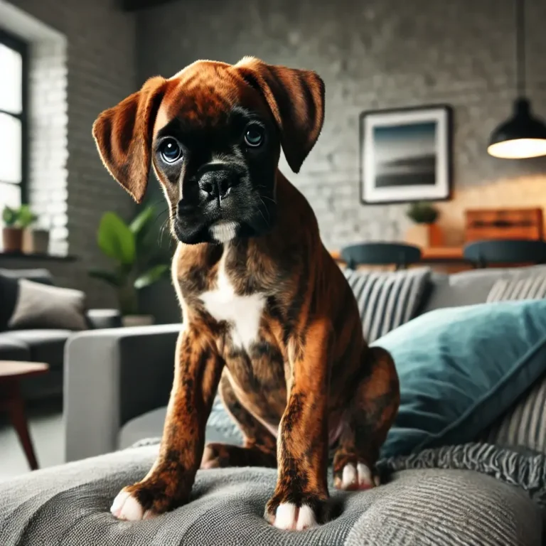 A brindle Boxer dog puppy sitting on a cozy couch in a modern living room