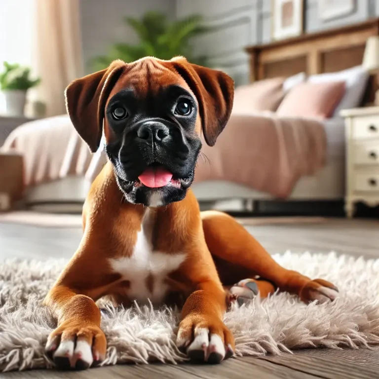 A Boxer dog puppy resting on a soft rug in a beautifully decorated bedroom