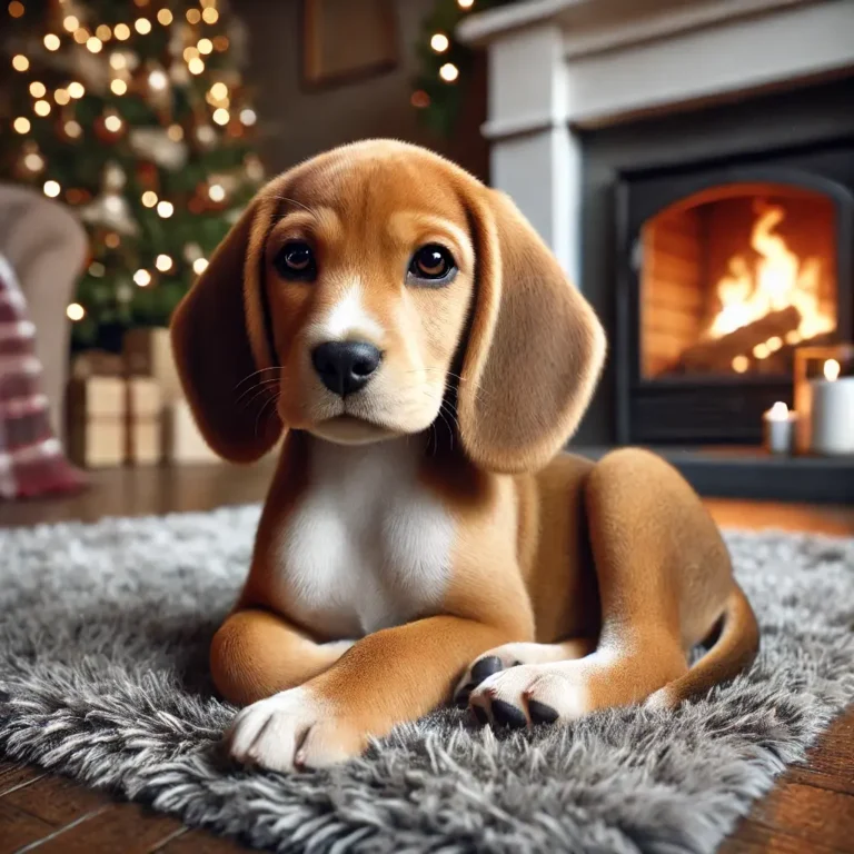 A hyper-realistic image of a Beagle and Vizsla mix puppy sitting in a cozy living room beside a fireplace.