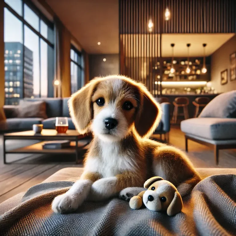 A hyper-realistic image of a Beagle and Schnauzer mix puppy resting on a cozy couch in a modern living room.