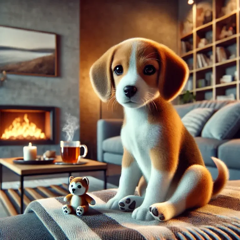A hyper-realistic image of a Beagle and Shiba Inu mix puppy sitting on a cozy couch in a modern living room.