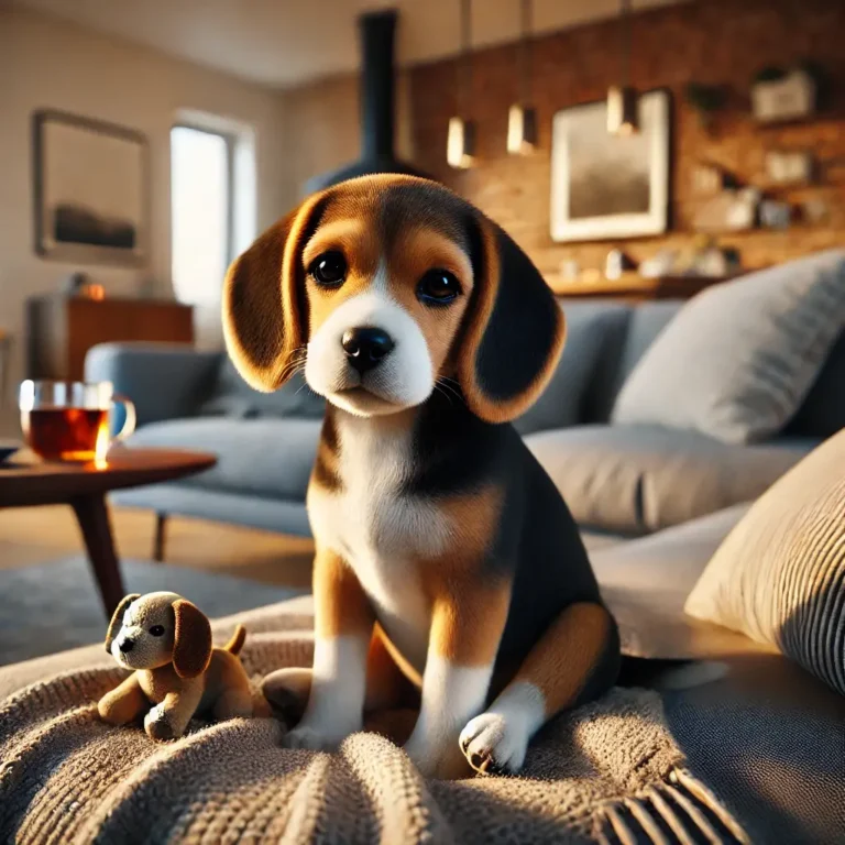 A hyper-realistic image of a Beagle and Yorkie mix puppy sitting on a cozy couch in a modern living room.