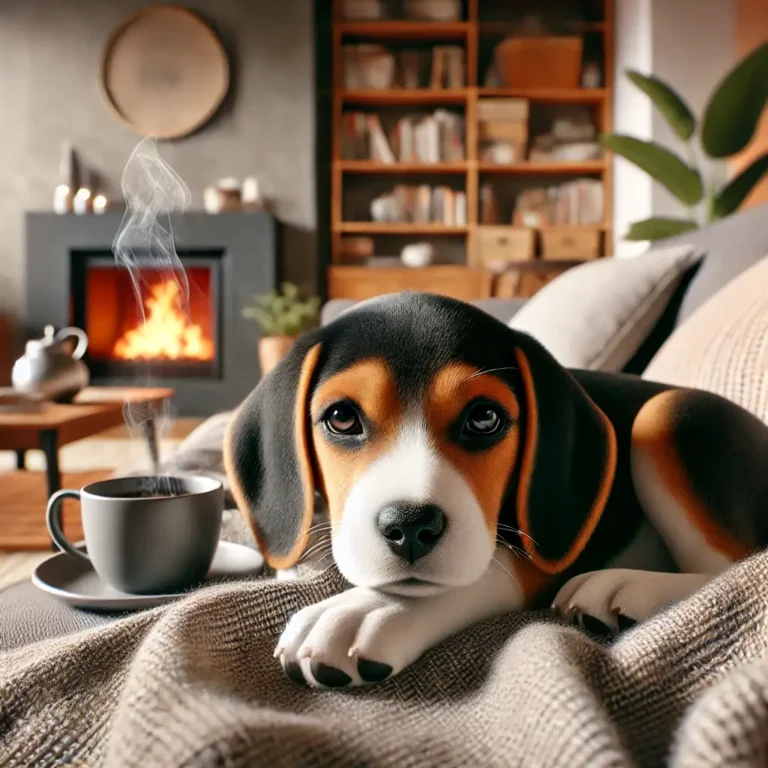 A hyper-realistic image of a Beagle and Black Labrador mix puppy resting on a cozy couch in a modern living room.
