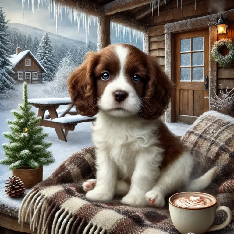 A hyper-realistic image of an English Springer Spaniel and Beagle mix puppy sitting on a cozy porch during winter.