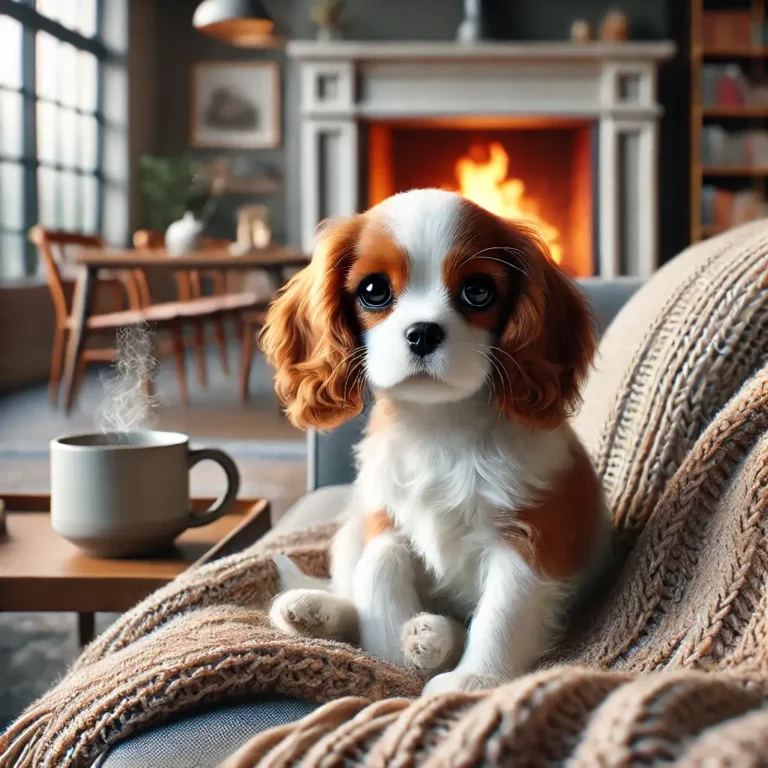 A hyper-realistic image of a Cavalier King Charles Spaniel and Beagle mix puppy sitting on a cozy couch in a modern living room.