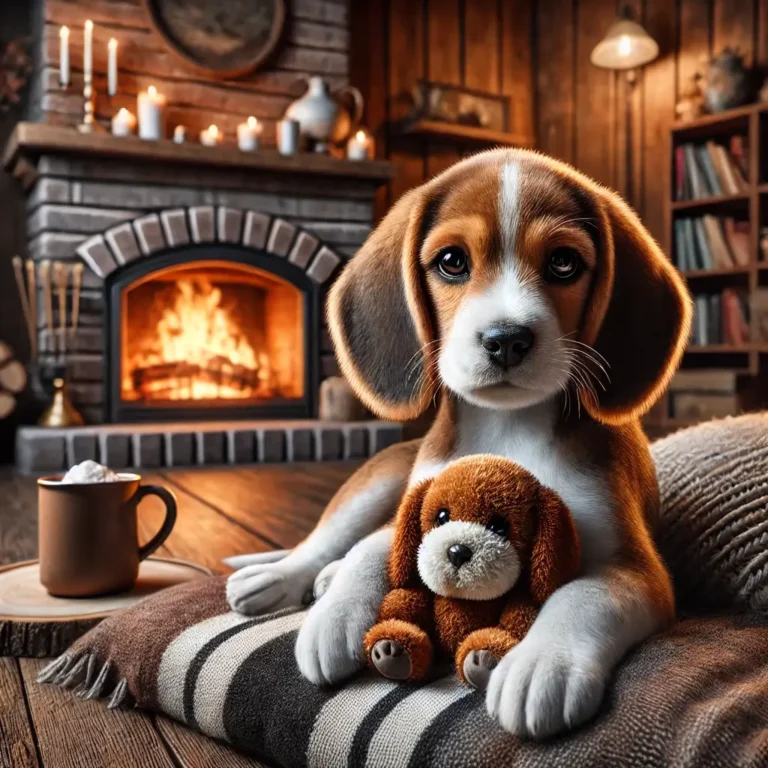 A hyper-realistic image of a Beagle and Spaniel mix puppy sitting on a cozy blanket in front of a fireplace.