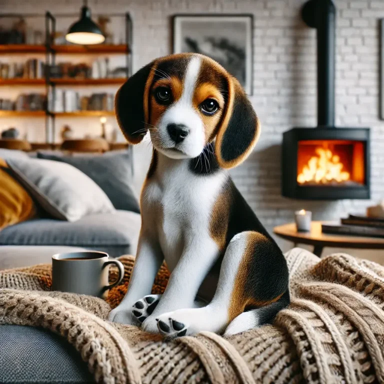A hyper-realistic image of a Beagle and Border Collie mix puppy sitting on a cozy couch in a modern living room.