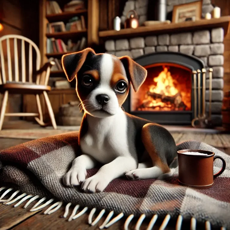 A hyper-realistic image of a Boston Terrier and Beagle mix puppy resting on a cozy blanket in front of a fireplace.