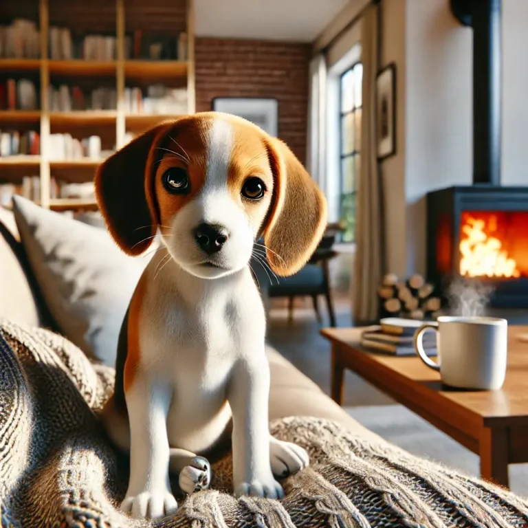 A hyper-realistic image of a Beagle and Jack Russell Terrier mix puppy sitting on a cozy couch in a modern living room.