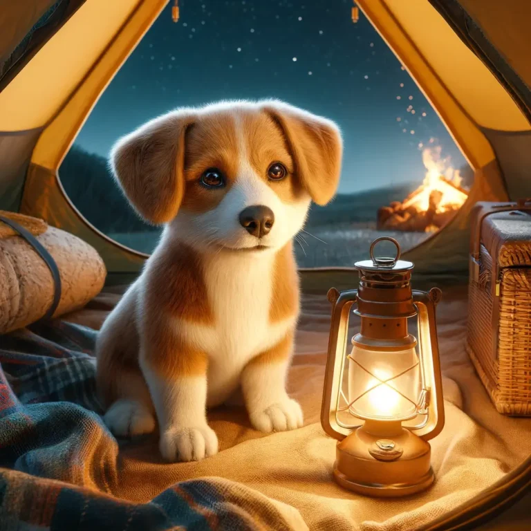 A hyper-realistic image of a Welsh Corgi and Beagle mix puppy sitting inside a cozy tent during a nighttime camping trip.