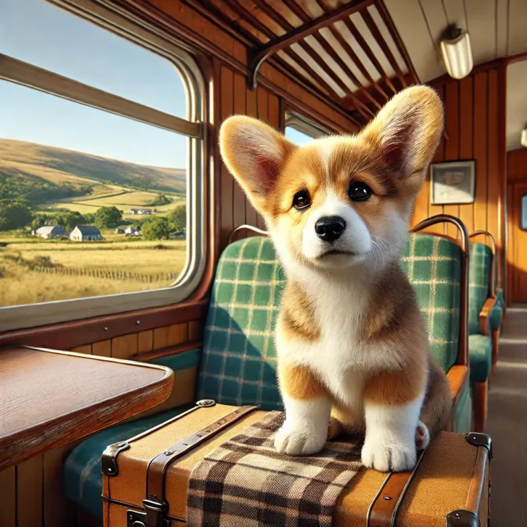 A hyper-realistic image of a Corgi and Beagle mix puppy sitting inside a vintage train compartment.